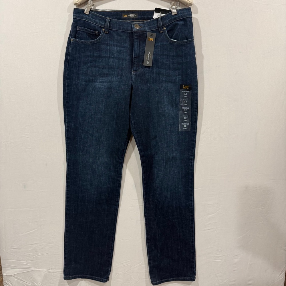 Lee Women Relaxed Fit Straight Leg Mid Rise‎ Dark Wash Denim Jeans Size 12 Long